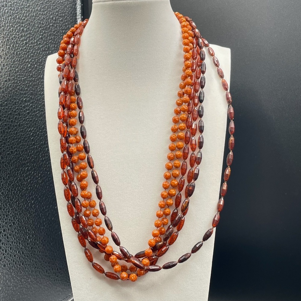 Vintage Amber Stone Gold-Toned Beaded Multi-Strand Classic Convertible Necklace
